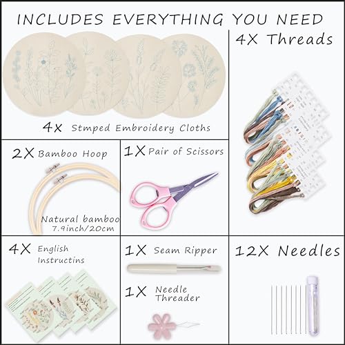 Image of Bonroy 4 Sets Embroidery Kit for Beginners,Embroidery Kit for Art Craft Handy Sewing Include Embroidery Clothes with Pattern,Embroidery Hoops, Instructions,Color Threads Needle Kit (Multi 5)