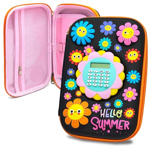 Image of VGRASSP Sunflower Theme Stationery Pencil Case for Kids with Mini Calculator - 3D EVA Zipper Pouch with Multi Storage Compartments - Fun School Stationery Organizer - Multicolor
