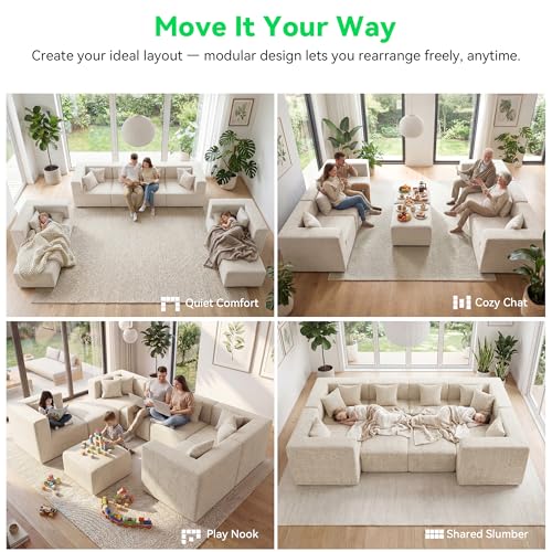 Image of MONVANE Oversized Boneless Sectional Couches for Living Room, 8-Seat Cloud Couch, Modular Sofa with Ottoman & 8 Throw Pillows, Comfy Chenille, No Assembly Required, Beige