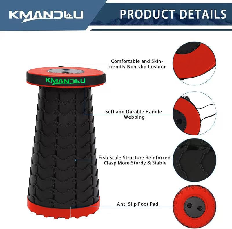 KMANDLU Upgraded Folding Camping Stool, Portable Telescoping Stool, Lightweight Collapsible Stool for Camping Fishing Hiking Travel BBQ, Adjustable Plastic Stools Max Load 405 lbs