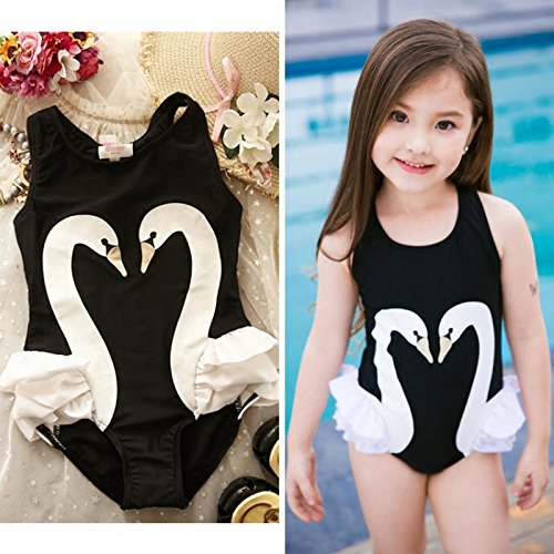 Baby Kids Girls One Pieces Swimwear Swan Flamingo Cartoon Swimsuit Bating Suits with Caps 5-6 Years