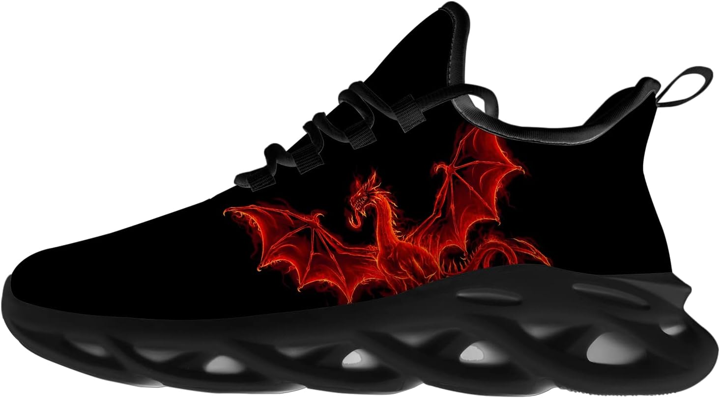 Womens Mens Dragon Shoes Fire Medieval Dragon Cool Red Tennis Sneakers Running Walking Shoes Gifts for Women Men,Size 12 Men/14 Women Black