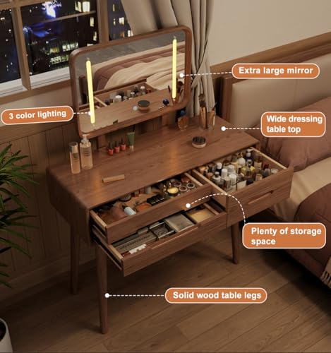 Image of KungFuWood 100% Solid Wood Makeup Vanity Desk with Mirror and Lights,Dressing Table with3 Lighting Modes and 3 Drawers,Vanity Table for Bedroom(No Chairs Included)