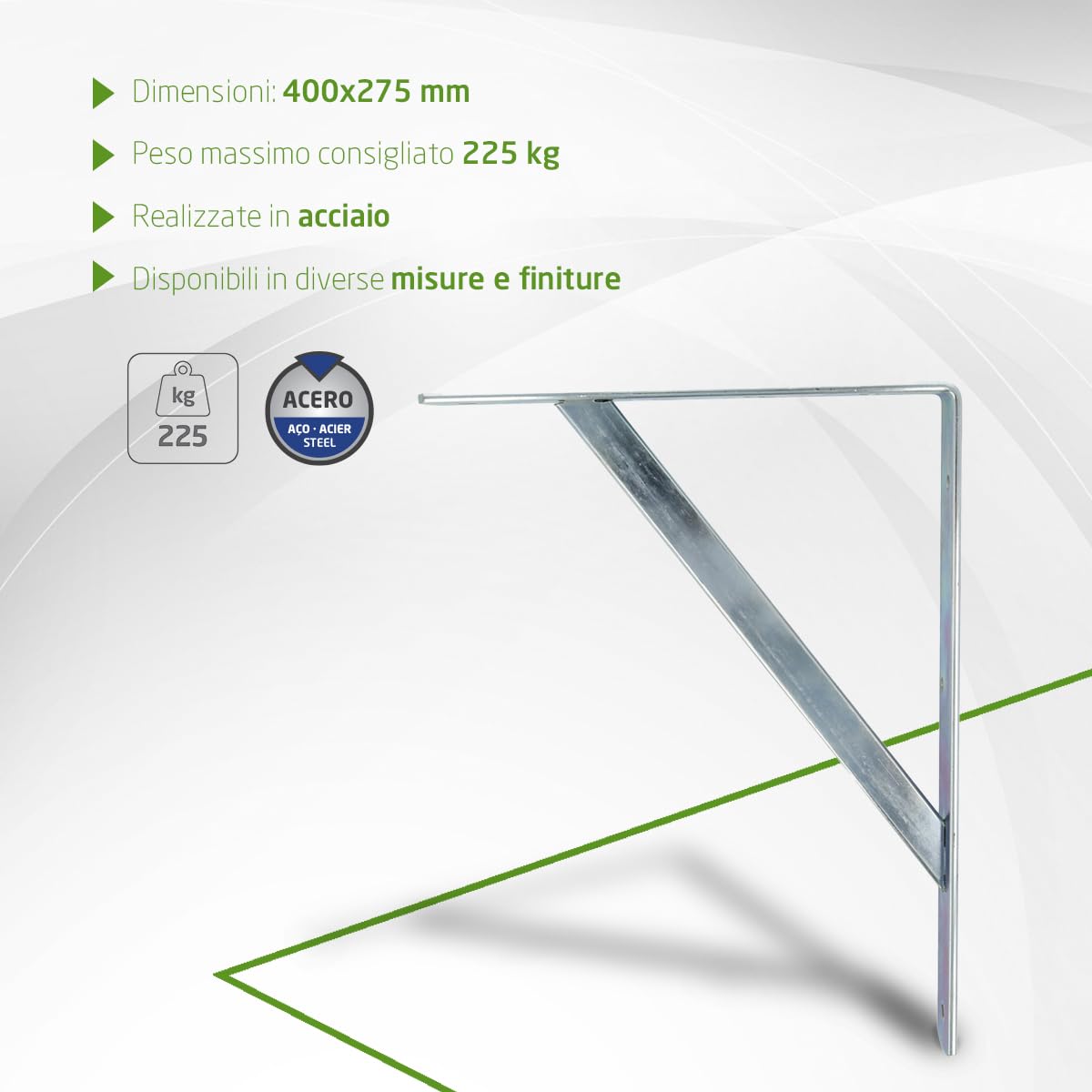 Amig - Staffa mensola - Set 4 staffe per mensole - Alta resistenza fino a 225 kg - 400 x 275 mm - Acciaio - Argento