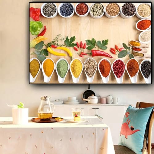 Toile cuisine céréales et épices style scandinave sans cadre pour déco murale 60x80cm