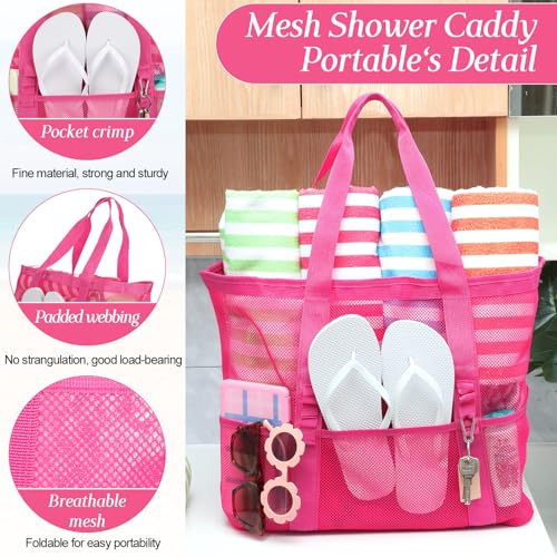 Image of Hillban Large Beach Mesh Bags Bulk for Women Beach Tote Bag with 8 Pocket Zipper Waterproof Sandproof for Pool Cruise Ship