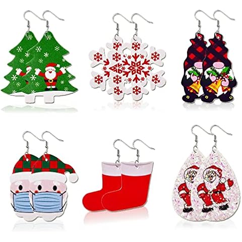 BEAMS WORK 6 Pairs Novelty Christmas Earrings, Faux Leather Earrings for Women Girls Kids, Drop Dangle Earrings with Santa Claus Xmas Tree Stockings Snowflake Gnome for Christmas Jewellery Gifts Cover