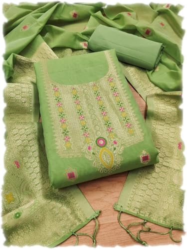 Image of Chanderi Suit Vol 5 | Pure Chanderi Banarasi Silk (3m) | Soft Cotton Bottom (2.5m) | Woven Chanderi Banarasi Silk Dupatta (2.3m) with Tassels, Unstitched Material, Fits up to 60 inch, Length 48