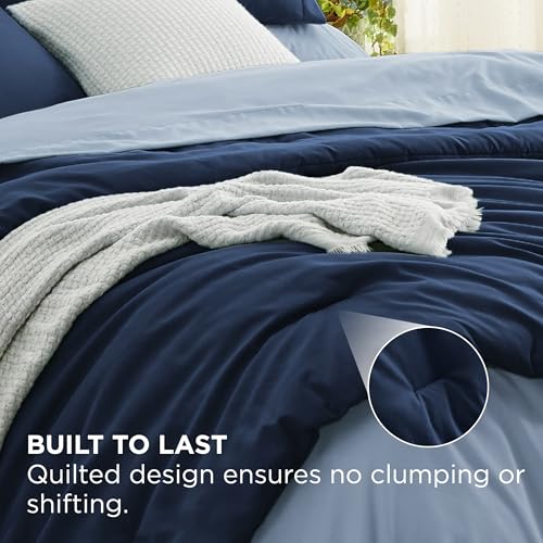 Image of Bedsure Full Size Comforter Set - 7 Pieces Navy Full Bedding Set for All Seasons, Boho Contrasting Design Bed in a Bag with Comforter, Sheets, Pillowcases & Shams
