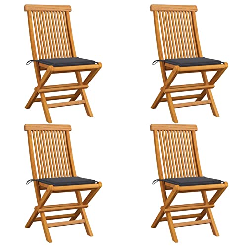 Cinyiqo Sillas de jardín 4 uds, Sillas Terraza Exterior, Silla Playa Jardin, Sillas Exterior Jardin, Sillas Balcon, Muebles Jardin Exterior Conjunto, con Cojines Antracita Madera de Teca