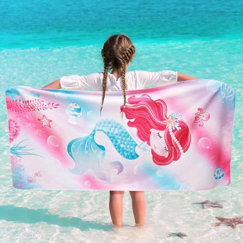 WERNNSAI Mermaid Kids Beach Towel - 30” x 60”Mermaid Sand Free Towels for Girls Quick Dry Swim Towel Beach Blanket Ultra Absorbent Light Beach Towels Travel Towel