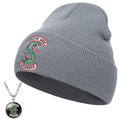 CIVFCRT Jughead Jones Hat TV Movie Fashion Adult Riverdale Beanie Cap Winter Knitted Embroidery Hat and Decorative Snake Necklace Cosplay-Gray