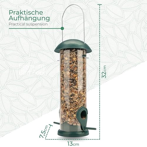 WILDLIFE FRIEND 20 cm Vogelfutterspender - Körnerfutterstation aus Kunststoff mit Zwei Anflugplätzen - Futtersäule zum Aufhängen für Wildvögel - Futterhaus für Ganzjährige Verwendung - Grün