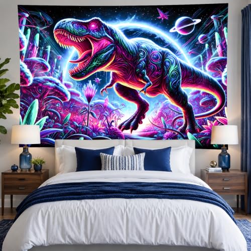 Image of BlissYard Blacklight Tapestry Dinosaur Decor 78x59 Inch Neon T Rex Glow in Dark Backdrop Blacklight Tapestry Psychedelic Jungle Scene for Bedroom Wall Hanging Party Room Fantasy Beast Art