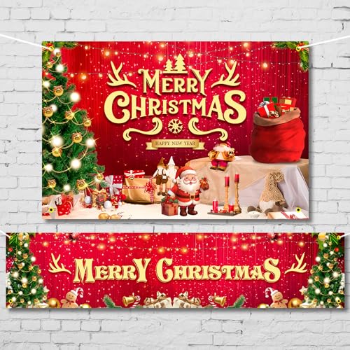 Image of Large Christmas Party Banner and Backdrop for Indoor & Outdoor, Yard Garden Halloween Decorations & Party Supplies (Red)