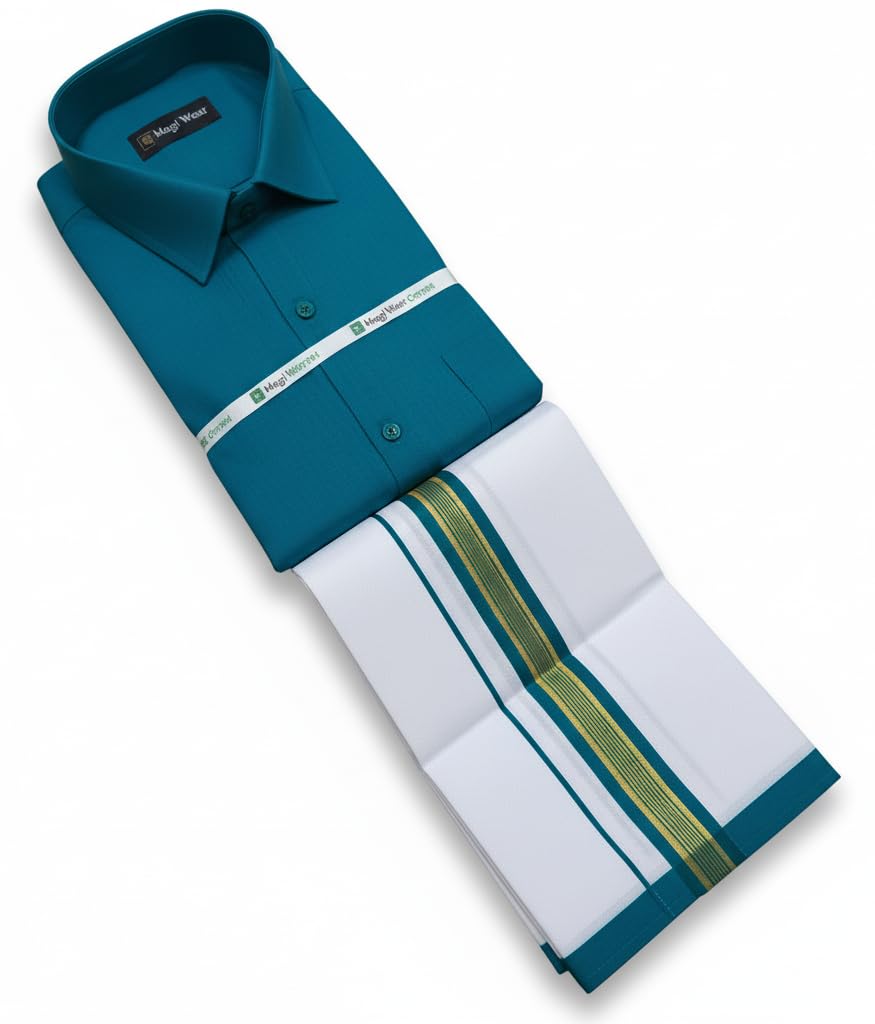 Ramar Green Vesti Shirt Set for Men Cotton | Dhoti and Shirt Combo | South Indian Veshti Shirt Set | Blue Green Shirt and Dhoti Set for Men Ethnic Wear-image-40