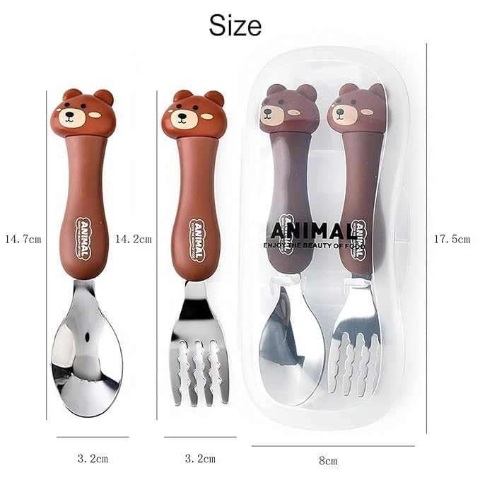 Image of Bekner Kids Cutlery Set, Stainless Steel Spoon and Fork with Animal Design Handles, 14.7 cm, Multicolor, Pack of 2 (Pink)