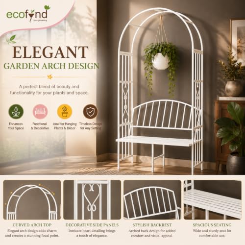 Image of ecofynd 6.6 Feet High x 3 Feet Wide Garden Arch with 2-Seater Bench, Metal Arbor Trellis for Climbing Plant with Outdoor Garden Chair, Backdrop Stand for Wedding Lawn Backyard Party Decor (GC001-WHT)
