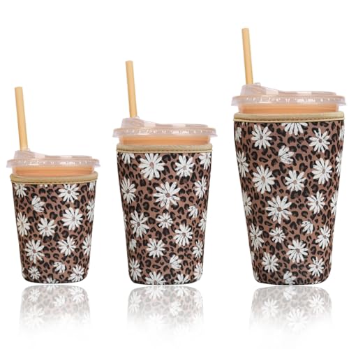 Image of Reusable Insulated Sleeve for Iced Coffee Cup, 3-Pack Coffee Neoprene Drink Sleeve for Cold & Hot Drinks, Beverage Holder for Iced Coffee (Leopard Daisies)