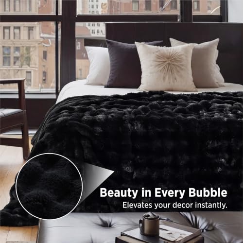 Image of Bedsure GentleSoft Bubble Faux Fur Blankets Queen Size, Fluffy Fuzzy Queen Blanket for Bed, Soft Cozy Faux Fur Bedding for Winter, Thick Warm Plush Bed Cover, Black, 90x90