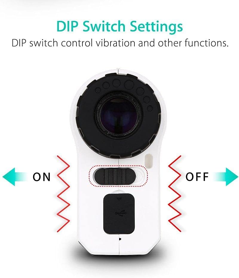 DIP switch settings on BOBLOV LF600AG rangefinder, showing ON and OFF positions for various functions
