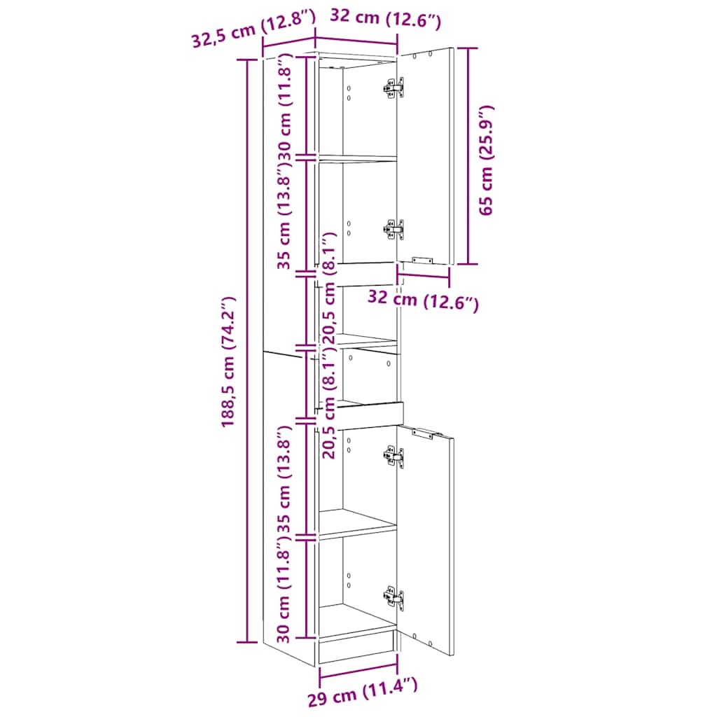 Badkamerkast 32x34x188,5 cm bewerkt hout bruineikenkleurig