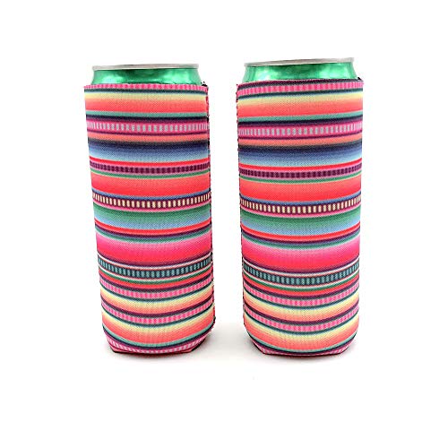 2pcs Neoprene Slim Beer Can Cooler Tall Stubby Holder Foldable Stubby Holders Beer Cooler Bags Fits 12oz Slim Energy Drink & Beer (Serape)