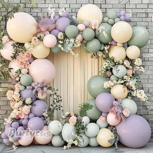 Image of Dusty Green Purple Pink Balloon Arch, Double Stuffed Lavender Light Sage Green Ivory Blush Pastel Balloon Garland Kit for Baby Shower Birthday Wedding Bridal Wild-Flower Tea Party Decoration