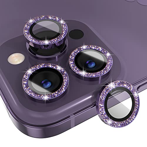 Choiche [3+1 for iPhone 14 Pro/iPhone 14 Pro Max Camera Lens Protector Bling, 9H Tempered Glass Camera Cover Screen Protector Metal Ring Decoration Accessories (Glitter-Purple)