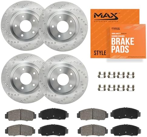 MAX Advanced Brakes Front & Rear Brake Kit for 2009-2019 Toyota Corolla & Matrix, Carbon Ceramic Brake Pads, Cross-Drilled Rotors, Complete Brake Pads and Rotors Set for Daily Driving Performance