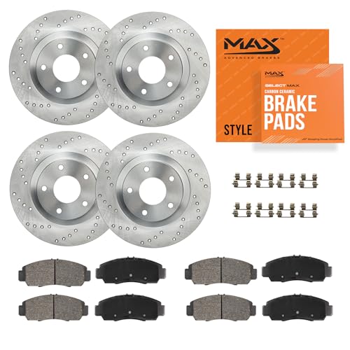Image of Max Advanced Brakes Front & Rear Brake Kit Compatible With 2003 Chevy Suburban 2500 w /4-Wheel Steering Replacement Cross Drilled Disc Brake Rotors and Ceramic Brake Pads