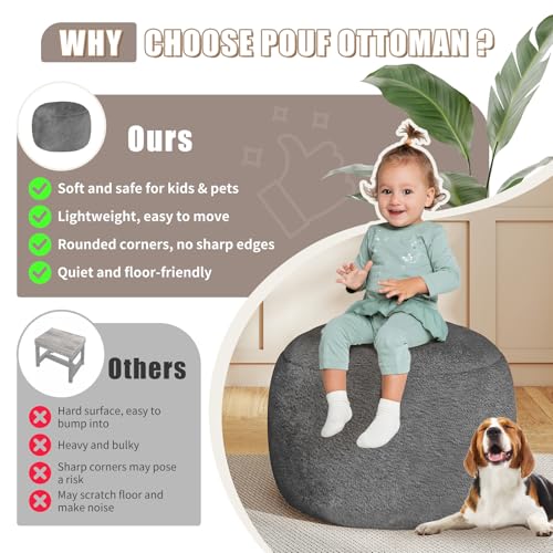 Round Stuffed Pouf Ottoman for Foot Rest, A Round Modern Foam Filled Poufs, Floor Chair for Living Room, Nursery, Dorm,Outdoor, A Soft Modern Foot Stool Perfect to Rest Your Feet (Grey, 20Inch) - Thumbnail 7