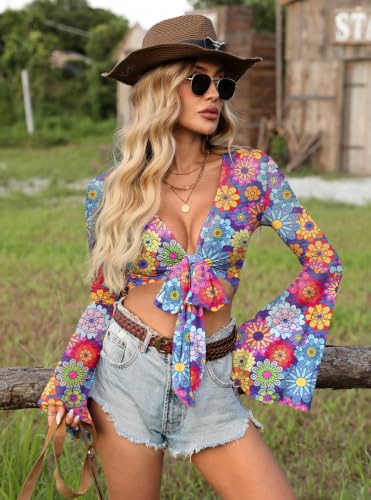 Image of Women Tie Front Bell Sleeve Rave Crop Tops Floral Print Hippie Mesh Sheer Shirt