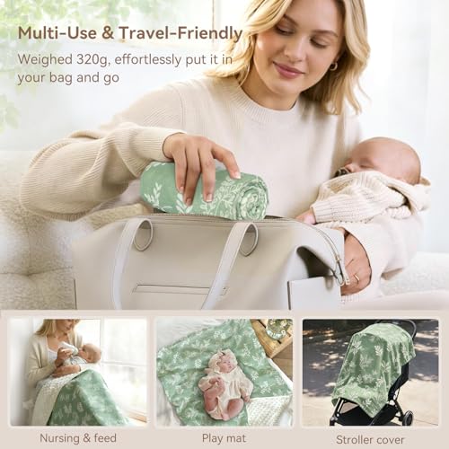 Image of BOPRIO Baby Blankets for Unisex Boys Girls Super Soft Nursery Minky Blankets with Breathable Muslin Cotton Front and 3D Touch Dotted Fleece Backing, Leaf Printed Bed Throws Newborn 30 x 40 Inch