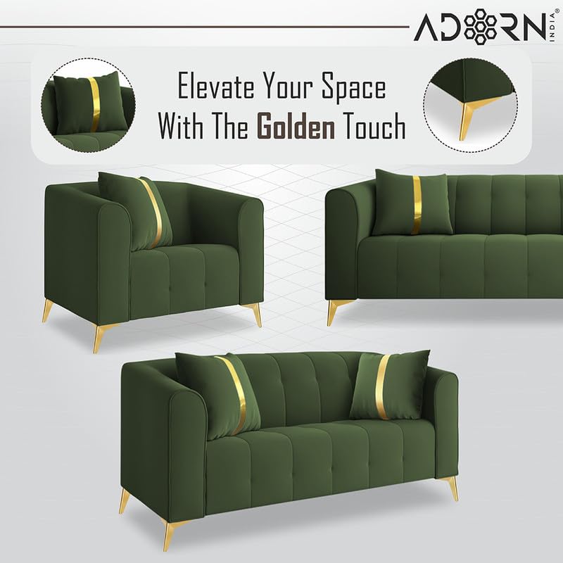 Image of Adorn India Premium Mystic - 3 Years Warranty - 3+2+1 Sofa Set Velvet Suede Fabric - Green