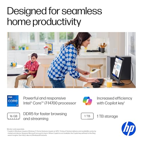 Image of HP OmniDesk Desktop PC, Intel Core i7-14700, 16 GB RAM, 1 TB SSD, Intel UHD Graphics 770, Windows 11 Home, Microsoft Copilot, Meteor Silver, M02-0110 (2025)