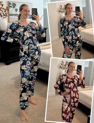 Image of Ekouaer Womens 2 Pack Pajama Set Long Sleeve Pajamas Top and Pants V Neck Pjs Set Soft Sleepwear Loungewear