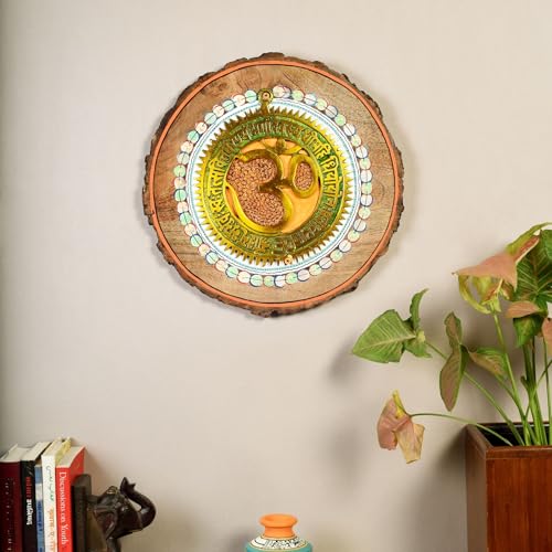 Image of AAKRITI ART CREATIONS Prashanti Om Wall Plate, Handcrafted Circular Wooden Decor, Dhokra Art Wall Hanging Panel Set of 1 Multi Color | Matte Finish Mango Wood | Living Room, Bedroom, Office