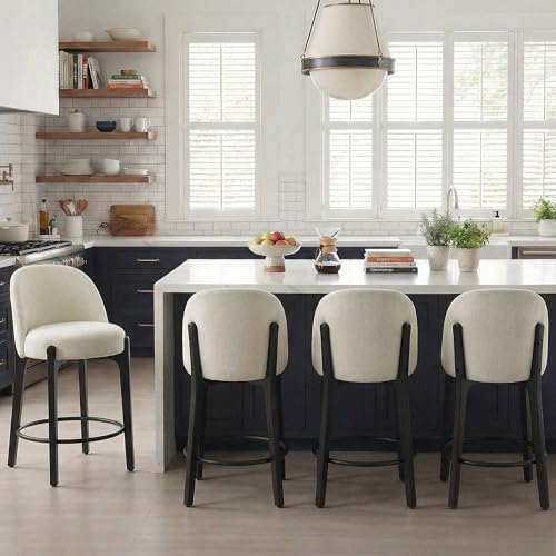 VKNOW 26 Inch Bar Stools Set of 4, Mid Century Modern Counter Height Bar Stools, Upholstered Counter Stools with Wood Legs for Kitchen Island Dining Room Bar, Beige