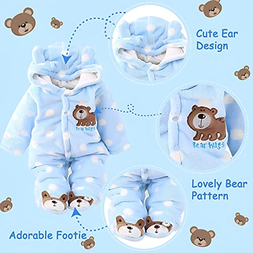 Image of BRANDONN BRANDONN Unisex Baby Flannel Polka Print Jumpsuit Panda Style Cosplay Clothes Bunting Outfits Snowsuit Hooded Romper Outwear (Sky Blue, 12-18 Months)