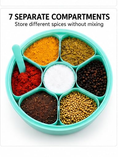 Image of Spice Box for Kitchen 7 Compartment Masala Box with Spoon (Multicolour)