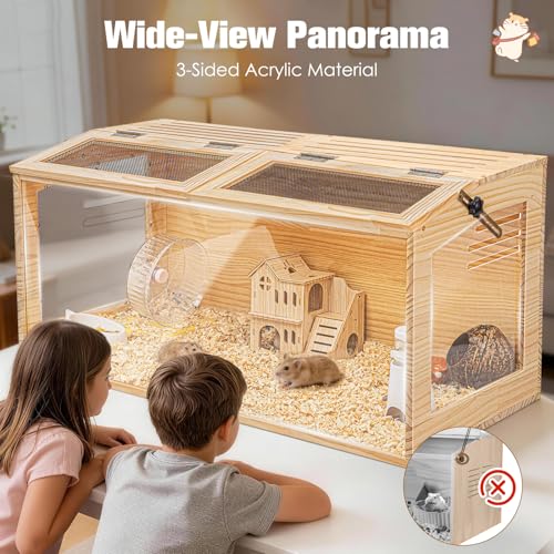 Hamster Cage 32" Wooden Chewproof, 270° View Large Habitat with Bite-Proof Metal Mesh & Top Dual Access Doors, Acrylic Sheets & Solid Build for Dwarf Syrian Hamsters/Gerbils/Guinea Pigs/Chinchillas - Image 6