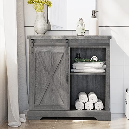 Hlivelood Farmhouse Coffee Bar Storage Cabinet, 32” Buffet Cabinet With Sliding Barn Door, Kitchen Sideboard Cabinet With Adjustable Shelf For Dining Room Living Room Entryway, Grey #TOP6