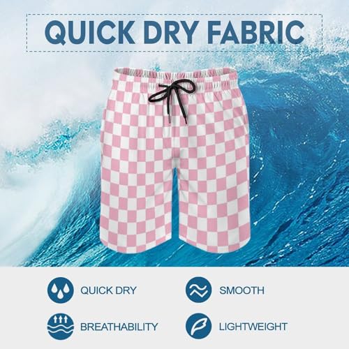 Pink Pastel Checkered Print Mens Swim Trunks, Quick Dry Swim Shorts with Mesh Lining Swimwear Bathing Suits3