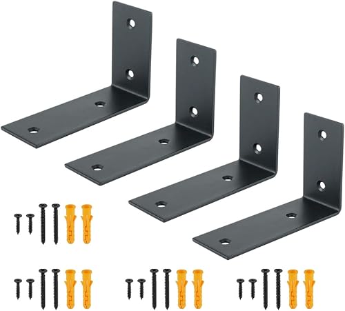 Alise Soportes flotantes para estantes resistentes en forma de L, soportes de esquina de ángulo negro para estantes, soporte de estante reforzado de