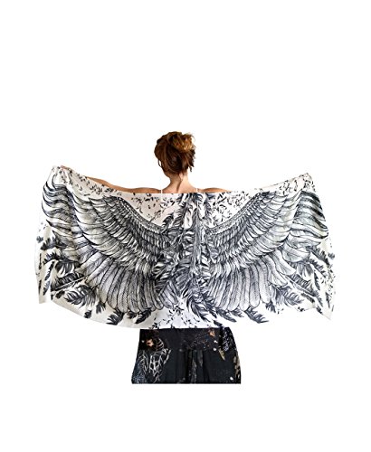 Delicately Hand Painted Silk & Cashmere White Bird Feather Wrap Scarf2