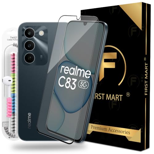 Image of FIRST MART Tempered Glass for Realme C83, 9H 0.3 mm Full-Glue Screen Protector with Cable Protector, 3D Edge-to-Edge, HD Clear, Case-Friendly, Black, Pack of 1