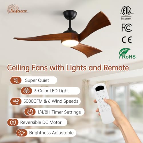 Image of Sofucor 52 Inch Ceiling Fan with Light and Remote, Large 3 Solid Wood Blade