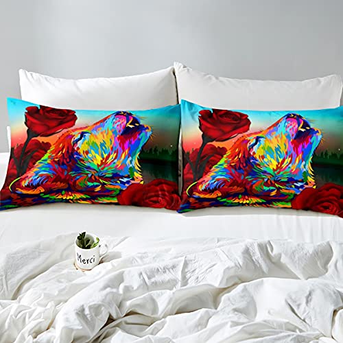 Wolf Comforter Cover Safari Animals Bedding Sets Red Rose Floral Duvet Cover Set For Kids Girls Women Rose Wolf Head Colorful Aurora Bedspreads Cover With 2 Pillow Cases Bedroom Decor Full Size #TOP2