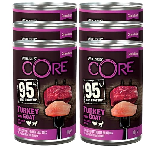 WELLNESS CORE - Wellness CORE 95% 6 x 400g, Dinde/Chèvre – Pâtée pour Chiens Adultes, 100% Naturelles, sans Céréales, Hypoallergénique, Riche en Viande